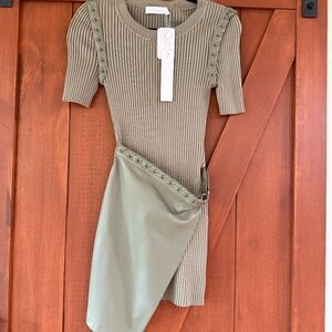 Jonathan Simkhai Olive Green Ribbed Mini Dress with Leather Draped Panel